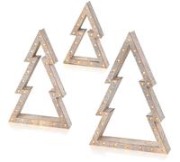 PREMIER Wooden Christmas Tree Decor with LED Lights - Set of 3, Beige