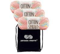 Premier Yarns Cotton Sprout Worsted Multi Yarn Salt Water Taffy 2102-04 (3-Skein) Same Dyelot Worsted Medium #4 Soft Knitting Yarn 100% Cotton Bundle with 1 Artsiga Craft Bag