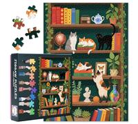 Premium 1000 Piece Puzzle for Adults - Cozy Bookshelf with Various Cats, Books and Lush Green Plants in Pots, Animal & Home Decor Puzzle - 27.5x19.7 Inches
