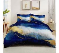 Premium 135 x 200 cm Duvet Cover Sets, Blue Reversible Printed Long Lasting Bedding - Abstract Watercolor Marble Texture Golden Lines Quilt Covers with 2 Pillowcases and 4 Corner Ties Easy Care