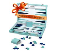 Premium 15" Turquoise Backgammon Set for Adults - Luxury Leather Board Game with PU Leather Case, 32 Acrylic Chips, Dice Cups, Doubling Cube