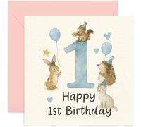 Premium 1st Birthday Cards For Boys - Happy First Birthday For Him Card - Blue Animals & Balloon Design - Son Grandson Nephew Godson - Greetings Card For 1 Year Old - Blank Inside