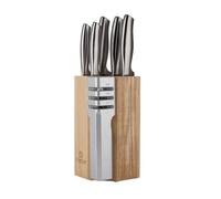 Premium 2-in-1 5-Piece Kitchen Knife Set with 3-Stage Sharpener - Includes Chef, Bread, Carving, Utility & Paring Knives + Counter-top Sharpener & Wooden Block
