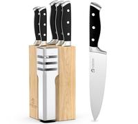 Premium 2-in-1 5-Piece Kitchen Knife Set with 3-Stage Sharpener - Includes Chef, Bread, Carving, Utility & Paring Knives + Counter-top Sharpener & Wooden Block