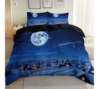 Premium 200 x 200 cm Duvet Cover Sets, Black Reversible Printed Stylish Long Lasting Bedding - Dreamlike Christmas Snowy Scene Cabin Quilt Covers with 2 Pillowcases and 4 Corner Ties Easy Care