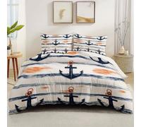 Premium 200 x 200 cm Duvet Cover Sets, White Reversible Printed Long Lasting Bedding - Vintage Striped Nautical Boat Hook Quilt Covers with 2 Pillowcases and 4 Corner Ties Easy Care