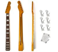 Premium 21-Fret Maple Guitar Neck Upgrade Kit for Fender Telecaster-Style Guitars Compatible, Chrome Tuners & Neck Plate Included, Rosewood Fingerboard with Square Inlays, Bright Yellow Gloss Finish