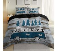 Premium 230 x 220 cm Duvet Cover Sets, Black Reversible Printed Breathable Stylish Long Lasting Bedding - Minimalist Lines Camper Van Quilt Covers with 2 Pillowcases and 4 Corner Ties Easy Care