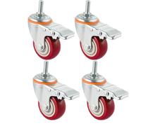 Premium 3-Inch Red Swivel Caster Wheels with Brake, Double Locking, Threaded Stem Mount, Noise-Free Polyurethane Tires, No Marks, 4-Pack (M12)