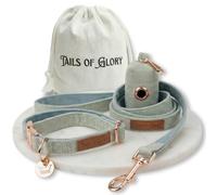 Premium 3-Piece Blue Small Dog/Puppy Collar and Lead Sets by Tails Of Glory - Contains 1 Adjustable Small Blue Dog Collar, 1 Leash 150 cm, 1 Poo Bag Holder - English Tweed & Soft Velvet