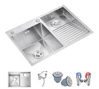 Premium 304 Stainless Steel Kitchen Sink with Washboard - Multifunctional Laundry and Bar Sink with Complete Drainage System and Faucet(Silver-b,70x48x21cm)