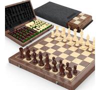 Premium 38 cm Walnut Magnetic Chess and Checkers Set - 2-in-1 Foldable Wooden Board Game with Staunton Figures, 2 Extra Ladies, Tiles and Dust Bag (Black)