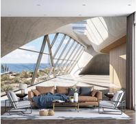 Premium 3D Panoramic 3D Seascape Architecture Wallpaper, Floor-To-Ceiling Windows Overlooking The Sea White Backdrop Wall Photo Mural Wallpaper Living Room Bedroom Theme Hotel Warm Decor400x280cm