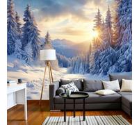 Premium 3D Panoramic Dreamy Snow Scene Wallpaper, Coniferous Forests Covered In Snow And Sunlight Yellow Backdrop Wall Photo Mural Wallpaper Living Room Bedroom Theme Hotel Warm Decor 450x315cm