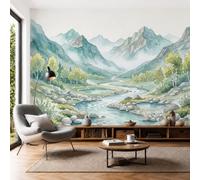 Premium 3D Panoramic Fresh Landscape Painting Wallpaper, Mountain Peaks Streams Birch Trees Blue-Green Backdrop Wall Photo Mural Wallpaper Bedroom Theme Hotel Warm Decor Papel Mural 250x175cm