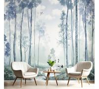 Premium 3D Panoramic Misty Forest Wallpaper, Red-Crowned Cranes In The Forest Stream Gray-Blue Backdrop Wall Photo Mural Wallpaper Living Room Bedroom Theme Hotel Warm Decor Papel Mural 450x315cm