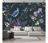 Premium 3D Panoramic Retro European Style Wallpaper, Rose Crown Blue Crow Gray-Blue Backdrop Wall Photo Mural Wallpaper Living Room Bedroom Theme Hotel Warm Decor Papel Mural 300x210cm