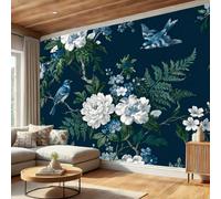 Premium 3D Panoramic Retro Floral Wallpaper, Mountain Peony Flowers And Green Leaves Dark Blue Backdrop Wall Photo Mural Wallpaper Living Room Bedroom Theme Hotel Warm Decor Papel Mural 400x280cm
