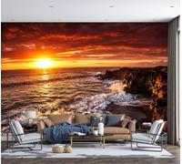 Premium 3D Panoramic Seaside Sunset Breeze Wallpaper, Lava Reefs On The Sea Surface Orange Gold Backdrop Wall Photo Mural Wallpaper Living Room Bedroom Theme Hotel Warm Decor Papel Mural 400x280cm