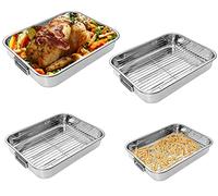Premium 4 piece Heavy Duty Stainless Steel Roasting Pan Tray Set with Removable Grill Racks for Healthy Cooking Oven Pans Dish Roast Dinner Turkey with Drop Down Side Handles for Easy Lifting