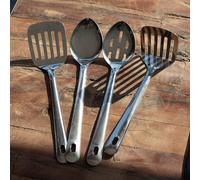 Premium 4-Piece Stainless Steel Kitchen Utensil Set, Silver, Long Handle Design with Hanging Loops, Includes Potato Masher, Solid Spoon, Slotted Spoon, Slotted Turner, Dishwasher Safe