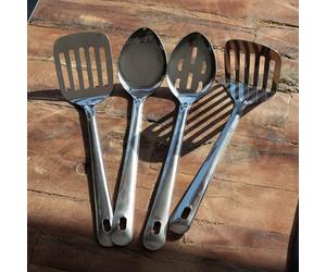 Premium 4-Piece Stainless Steel Kitchen Utensil Set, Silver, Long Handle Design with Hanging Loops, Includes Potato Masher, Solid Spoon, Slotted Spoon, Slotted Turner, Dishwasher Safe