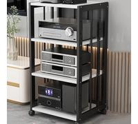 Premium 4-Tier Hifi Audio Rack with Adjustable Height, Movable Record Player Shelf, Media Storage Cabinet for Game Consoles, Stylish Black & White Design with Brake Wheels - Perfect for Mode