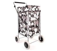 Premium 4 Wheel Shopping Trolley with Adjustable Handle Black with Grey and White Floral Print