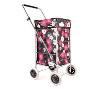 Premium 4 Wheel Shopping Trolley with Adjustable Handle Black with Pink and White Floral Print