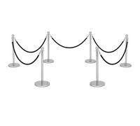 Premium 6 PACK 1.5m Rope Barrier & Stanchion Set - Stainless Steel Posts with Rope & Concrete Base, VIP Queue Barrier for Crowd Control, Red Carpet, Hotels (Braided Rope, Black)