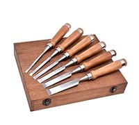 Premium 6 Piece Wood Chisel Set with Walnut Handle in Wooden Box Ideal for Carpentry and Craftsman Includes Flat Chisel