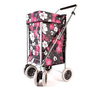 Premium 6 Wheel Swivel Shopping Trolley with Adjustable Handle Black with Pink and White Floral Print