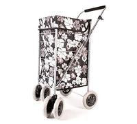 Premium 6 Wheel Swivel Shopping Trolley with Adjustable Handle Black with White and Grey Floral Print
