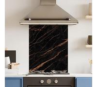 Premium 60 cm x 75 cm Black Gold Marble Glass 6mm Kitchen Splashback Heat Resistant Toughened Polished Edges - Back Splash Back Coloured Hob Painted Tempered Splashback