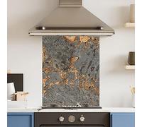 Premium 60 cm x 75cm Grey Marble Glass 6mm Kitchen Splashback Heat Resistant Toughened Polished Edges - Back Splash Back Coloured Hob Painted Tempered Splashback