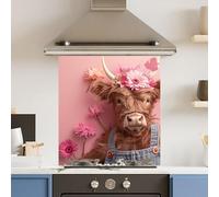 Premium 65 x 70cm Pink Floral Cow 6mm Glass Toughened Kitchen Splashback