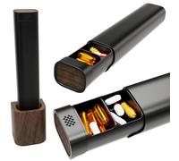 Premium 7-Day Aluminum Pill Organizer - 100% Metal, No Microplastics, Real Wood Base, Large Capacity & Sl esign - Medical-Grade, Travel-Safe, TSA Approved - Black