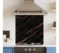 Premium 70 cm x 75 cm Black Gold Marble Glass 6mm Kitchen Splashback Heat Resistant Toughened Polished Edges - Back Splash Back Coloured Hob Painted Tempered Splashback