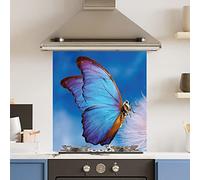 Premium 70 cm x 75 cm Blue Butterfly Glass 6mm Kitchen Splashback Heat Resistant Toughened Polished Edges - Back Splash Back Coloured Hob Painted Tempered Splashback