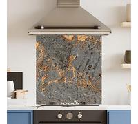 Premium 70 cm x 75cm Grey Marble Glass 6mm Kitchen Splashback Heat Resistant Toughened Polished Edges - Back Splash Back Coloured Hob Painted Tempered Splashback