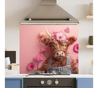 Premium 75 x 60cm Pink Floral Cow 6mm Glass Toughened Kitchen Splashback