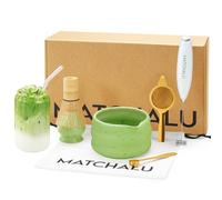 Premium 9 Piece Matcha Set Includes Ceramic Matcha Bowl, Bamboo Whisk & Holder, Stainless Steel Spoon & Sifter, Glass Cup & Straw, Electric Frother, Storage Bag - Gift for Matcha Lovers (Green)