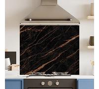 Premium 90 cm x 75 cm Black Gold Marble Glass 6mm Kitchen Splashback Heat Resistant Toughened Polished Edges - Back Splash Back Coloured Hob Painted Tempered Splashback