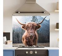 Premium 90 cm x 75 cm Highland Cow Glass 6mm Kitchen Splashback Heat Resistant Toughened Polished Edges - Back Splash Back Coloured Hob Painted Tempered Splashback