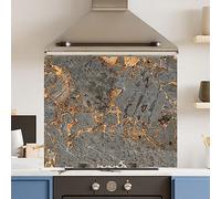 Premium 90 cm x 75cm Grey Marble Glass 6mm Kitchen Splashback Heat Resistant Toughened Polished Edges - Back Splash Back Coloured Hob Painted Tempered Splashback