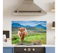 Premium 90 x 60cm Green Highland Cow 6mm Glass Toughened Kitchen Splashback