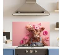 Premium 90 x 60cm Pink Floral Cow 6mm Glass Toughened Kitchen Splashback