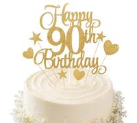 Premium 90th Birthday Cake Topper Gold Luxury Decorations Set with Number 90 Hearts and Stars Reusable Non Edible Happy 90 Birthday Table Decor for Men Women Anniversary Party Supplies