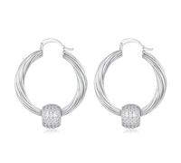 Premium 9ct Gold Plated Large Hoop Earrings with Stone Disco Balls - Avant Garde Statement Piece, 5mm Width, 35mm Ball Diameter, Weighs 26g (Silver with White Stones)