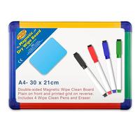 Premium A4 Magnetic Whiteboard 30 x 21cm- Double-Sided with Dry Erase Surface - Grid Printed on 1 Side - Ideal for Kids & Adults - Home & Office - Includes 4 Wipe Clean Pens and Eraser